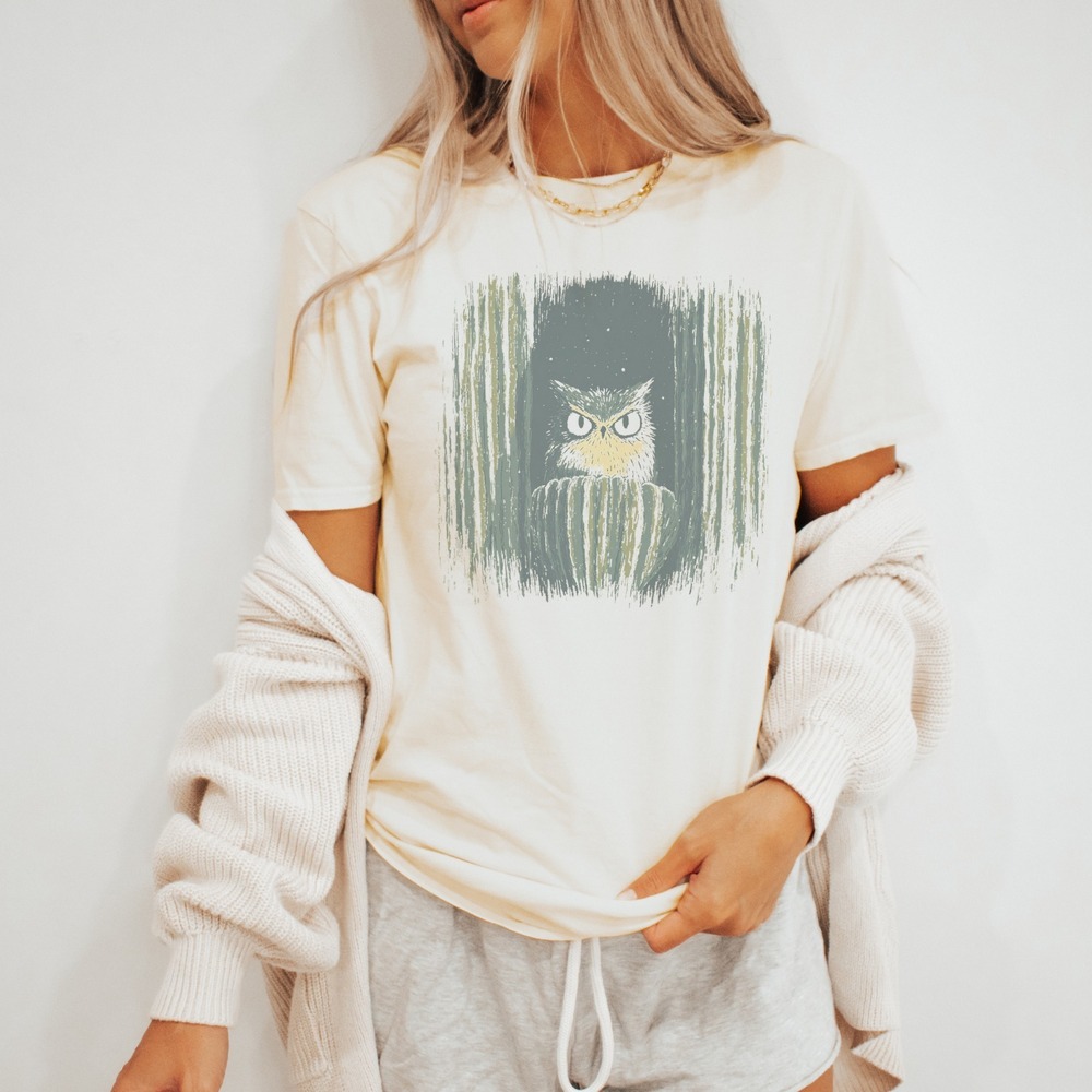 Owl Night Watchful Graphic Tee Mystical Forest Art